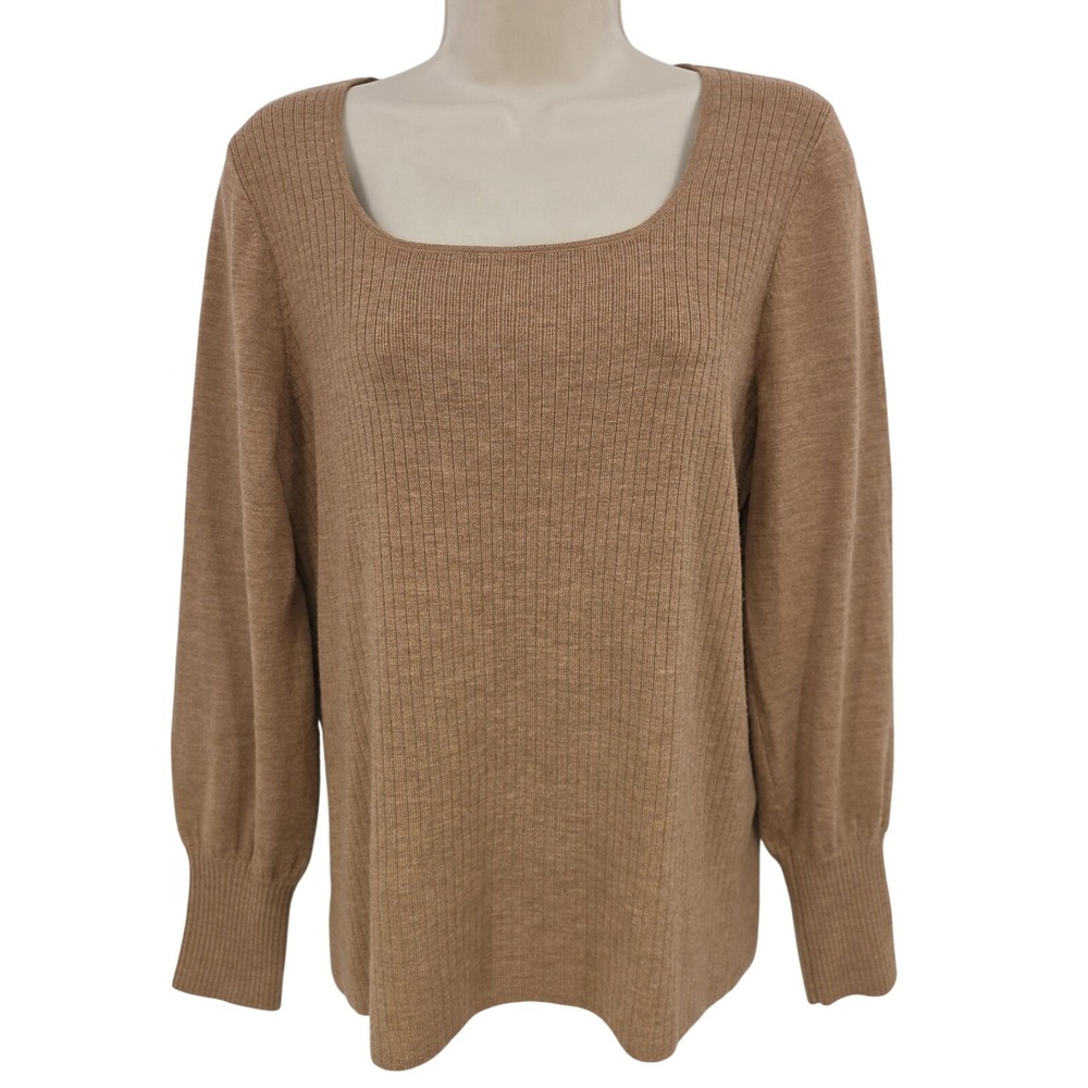 Talbots Sweater Women Petite MP Brown Square Neck Merino Wool Ribbed PreppyKnit‎